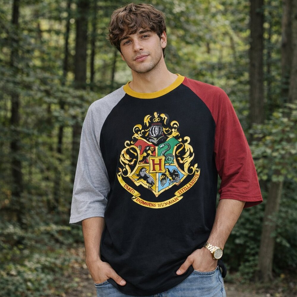 Harry Potter Hogwarts Crest Raglan Shirt | Wizarding World Graphic Tee | Size XL